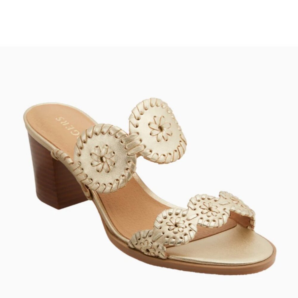 Jack Rogers block heel sandals 8.5 M, gold metallic leather